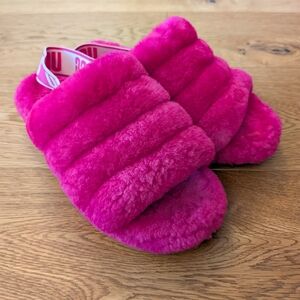 UGG Fluff Yeah Hot pink Slide Slipper Logo Strap Size 7 1095119